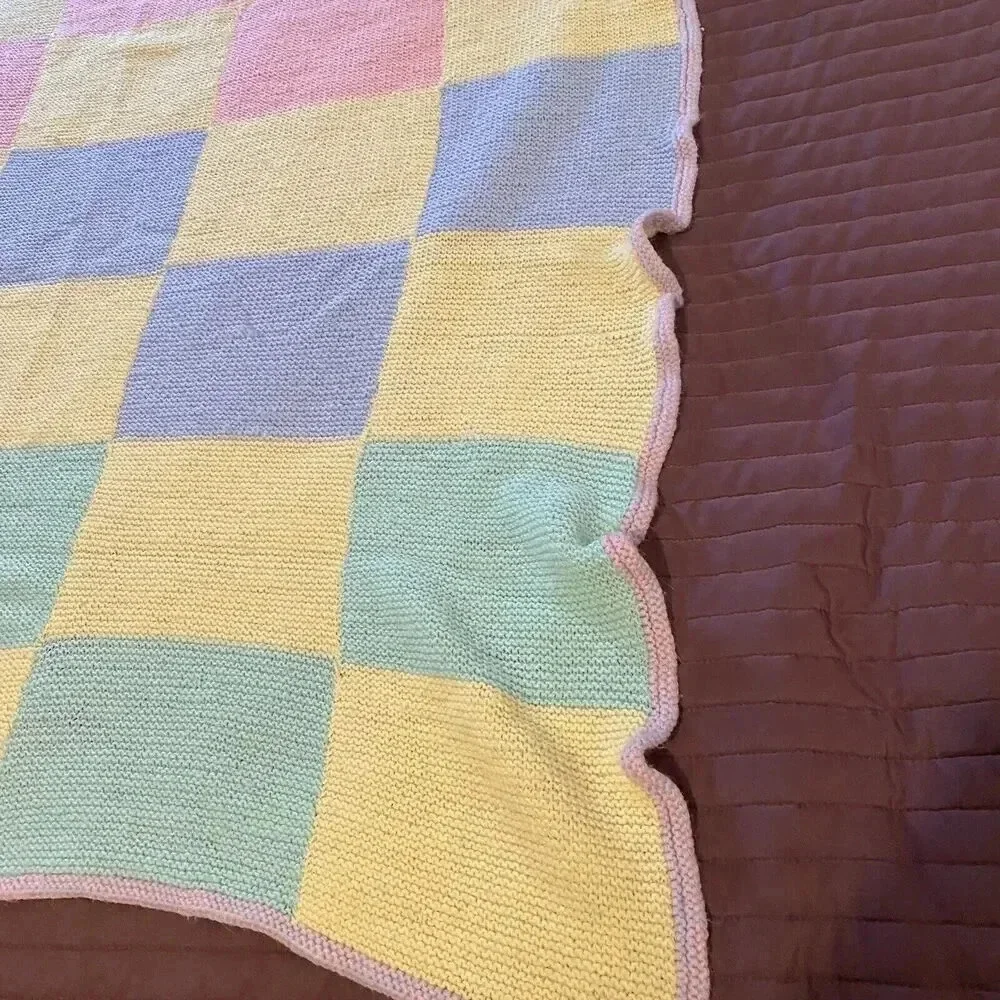 VTG Hand Knit Unisex Baby Blanket Color Block Pink Blue Green Yellow Cottagecore